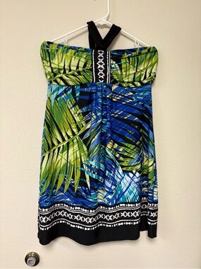 JFW Women’s L Blue/Green Tropical Print Halter Knit Pullover Knee Sundress Tie